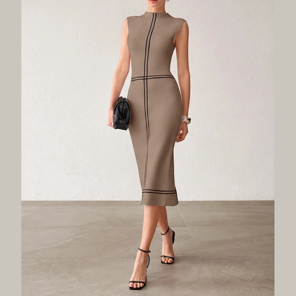 Taupe Contrast Stripe Stand Collar Sleeveless Midi Sweater Dress